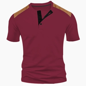 Detail of burgundy Henley shirt with brown suede shoulder patches and buttoned collar