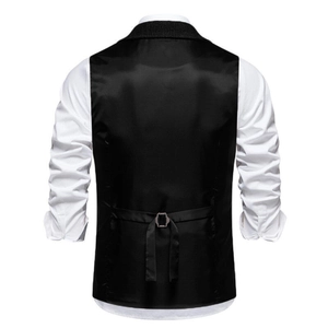 Rear view of black satin suit vest with an adjustable metal buckle back strap
