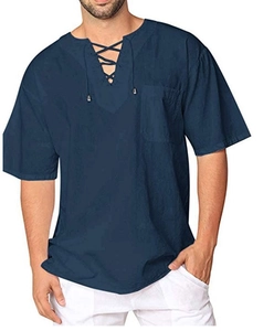Detail of navy cotton linen shirt featuring a lace-up V-neck and front pocket