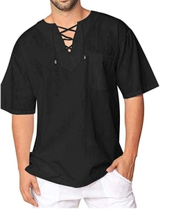 Detail of men's black cotton linen shirt featuring lace-up V-neck and front pocket