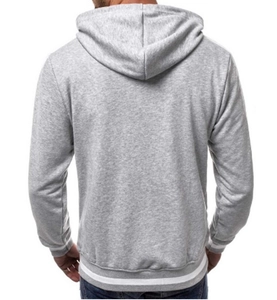 Rear view of grey hooded sweatshirt featuring ribbed hem with sporty double white stripes