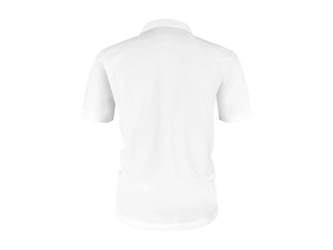 Vista dettagliata del retro di una polo in seta di ghiaccio bianca con trama a nido d'ape