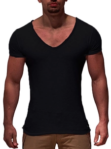 T-shirt homme noir coupe slim à col en V profond pour le sport et les loisirs quotidiens