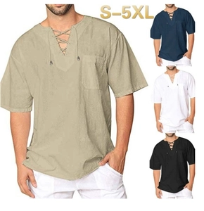 Detail view of lace-up V-neck cotton linen t-shirts in khaki, navy, white and black colors