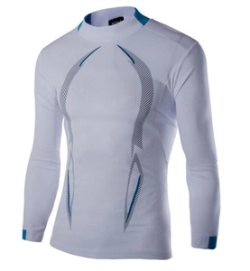 Detail of white compression gym shirt with blue geometric patterns and moisture-wicking fabric
