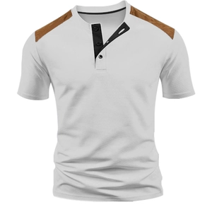 Detail of white Henley shirt featuring brown suede shoulder patches and black button placket