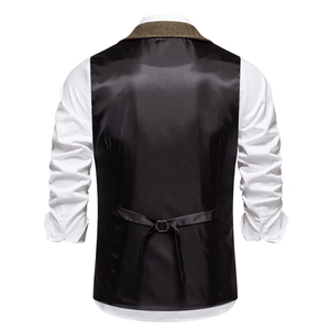 Rear view of men's suit vest showing black satin back and adjustable metal buckle