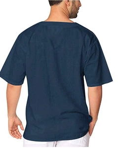 Rear view of navy blue cotton linen short sleeve shirt with curved hem detail