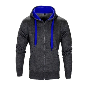 Dunkelgrauer Herren-Kapuzenpullover mit Reißverschluss und blauem Kontrastfutter im Slim Fit