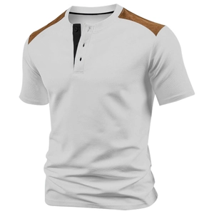 Detail of waffle knit fabric and color-blocking shoulders on white Henley shirt