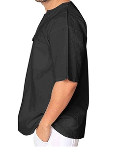 Detail of men's black cotton linen short sleeve shirt with buttoned collar and pocket