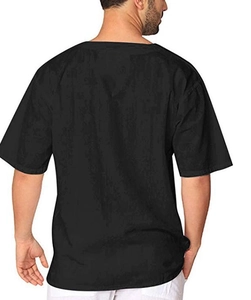 Detailed back view of men's casual black cotton linen short sleeve t-shirt with v-neck
