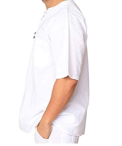 Detail of white cotton linen shirt showing lace-up collar and breathable fabric texture