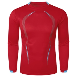 Detail of red compression gym shirt with breathable mesh texture and blue side stripes