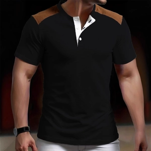 Men's casual black short sleeve Henley t-shirt with brown suede shoulder patchwork design