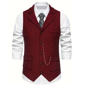 Men's Vintage Herringbone Suit Vest Slim Fit Lapel Waistcoat With Decorative Chain Polyester Business Casual Vest For Wedding