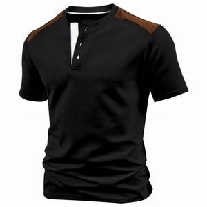 Close-up of black Henley shirt with brown suede shoulder patches and textured fabric