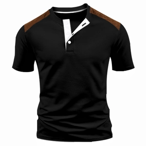 Detail of breathable honeycomb texture and contrast patchwork on black men's Henley shirt