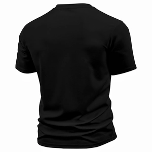 Rear view of black Henley shirt showing breathable microporous mesh fabric texture