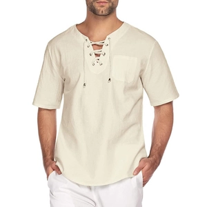 T-shirt homme en lin blanc cassé à manches courtes avec col V à lacets et poche poitrine