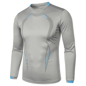 Detail of gray athletic long sleeve shirt with blue accents and textured compression lines