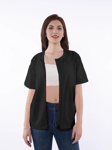 Front view of black mastectomy recovery shirt with full zipper and short sleeves