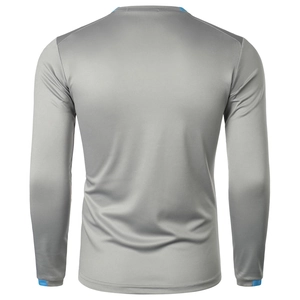 Detail view of the back of a grey breathable athletic long sleeve shirt with blue trim