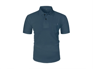 Dettaglio polo blu verde in maglia a nido d'ape con taschino e trama del tessuto