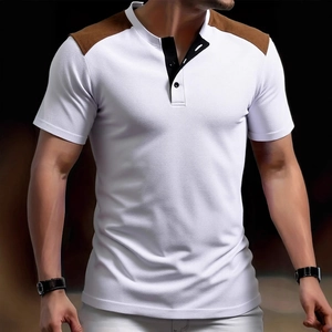 Men Contrast Splicing Short Sleeve Henley Shirt Waffle Texture Casual T-Shirt With Suede Shoulder Patch Cotton Blend Top