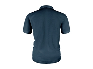 Vista posteriore della polo in mesh blu navy con trama a nido d'ape e dettaglio del colletto
