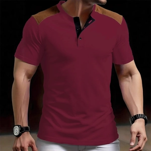 Men's casual maroon Henley shirt with brown shoulder patches and buttoned collar