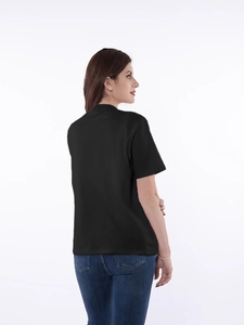 Back view of a black short-sleeved mastectomy post-surgery shirt with drainage pockets