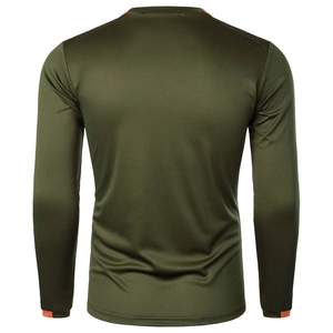Detail of army green slim fit athletic long sleeve shirt with orange contrast trim