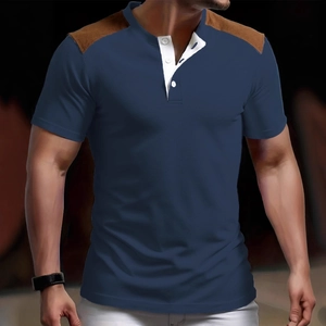 Men's slim fit Henley shirt in navy blue with brown shoulder patches and white button placket