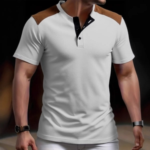 Men's white Henley shirt with brown suede shoulder patches and black buttoned collar