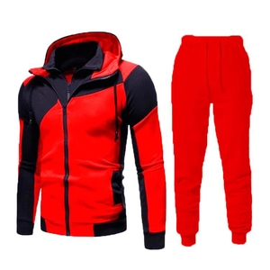 Slim Fit Trainingsanzug für Herren mit rot-schwarz diagonalem Kapuzenpullover und Jogginghose