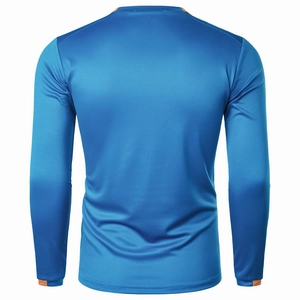 Back view of blue quick-dry long sleeve sports shirt with orange trim for fitness training