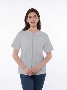 Front view of grey short sleeve mastectomy shirt with zipper and drain pockets
