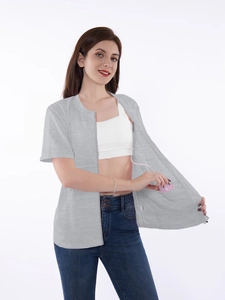 Detail of light grey post-mastectomy recovery shirt with internal drainage pockets