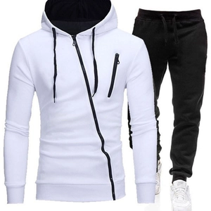 Men's outdoor sports tracksuit featuring asymmetric zipper hoodie and slim black jogger