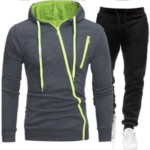 Men's outdoor sports tracksuit featuring grey asymmetrical zip hoodie with green lining