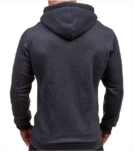 Back view of dark grey men's zip hoodie featuring brushed texture and ribbed hem