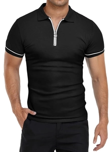 Detailed view of black slim fit polo shirt featuring a zipped collar and white stripe accents