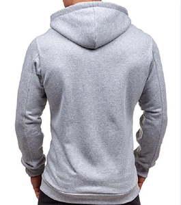 Rear view of a grey knitted men's zip-up hoodie featuring ribbed cuffs and a cozy hood