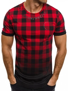 Detailed view of red buffalo plaid men's t-shirt with black rib neckline and chest prints