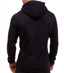 Back view of a classic black zip-up hoodie featuring a large hood and ribbed cuffs