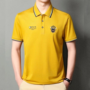 Bright yellow men's polo shirt with striped collar and chest embroidery details