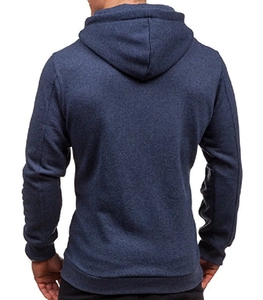 Rear view of heather blue hooded jacket featuring ribbed hem and knit texture detail