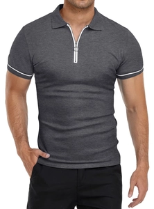 Detail of dark gray slim fit polo shirt with white zipper and striped cuffs texture