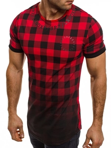 Detail of men's slim fit T-shirt featuring red and black checkerboard pattern and logo